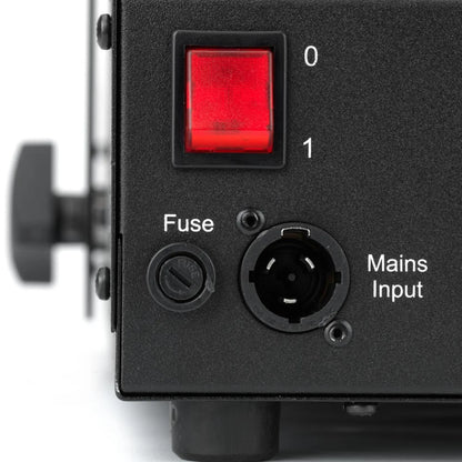 Close-up of a JEM Martin ZR35 230V/50-60Hz (Fog) machine panel with a red power switch (labeled 0/1), fuse holder, and round mains input socket labeled "Mains Input".