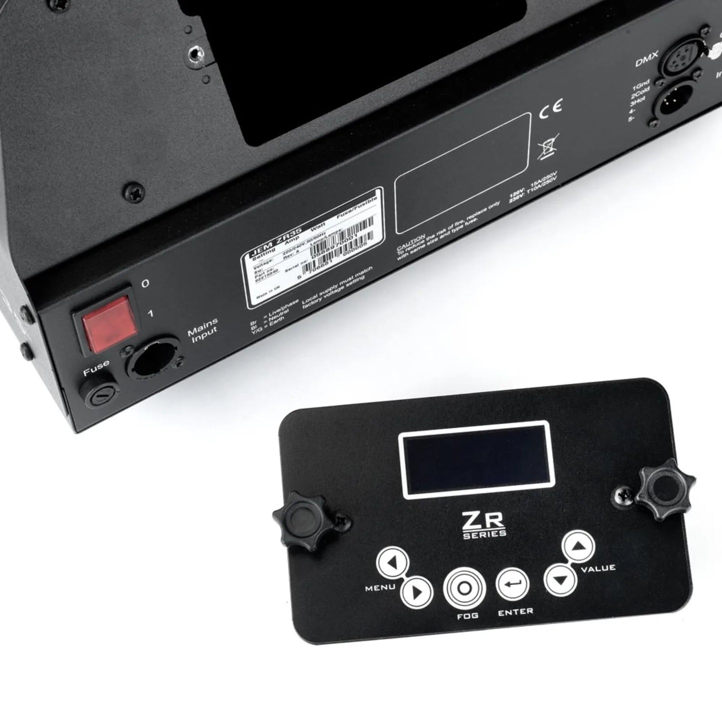 A close-up of the JEM Martin Martin/JEM ZR35 230V/50-60Hz fog machine’s back panel with ports, a red switch, labels, and a detachable black ZR Series control panel featuring a display, knobs, and white buttons.