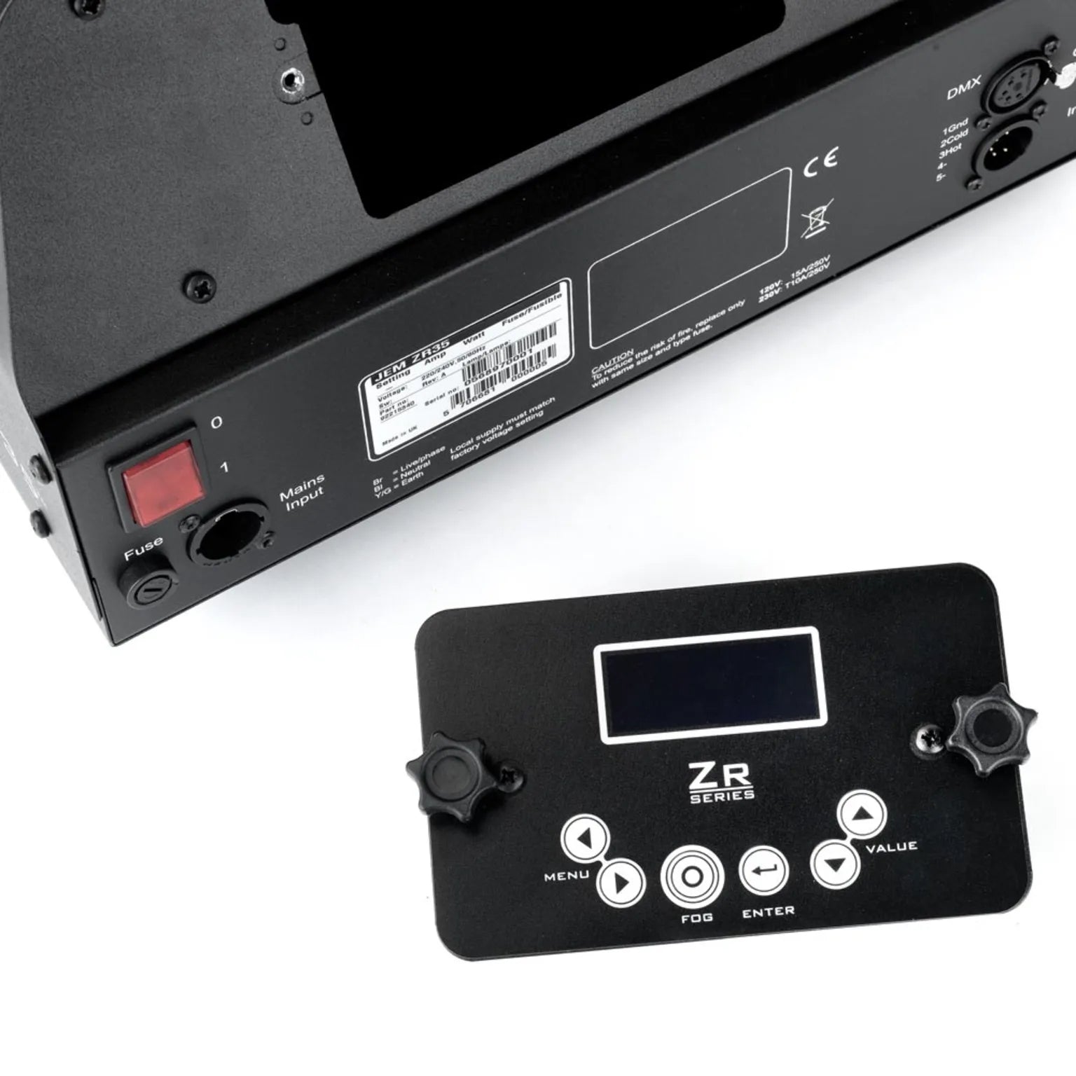 A close-up of the JEM Martin Martin/JEM ZR35 230V/50-60Hz fog machine’s back panel with ports, a red switch, labels, and a detachable black ZR Series control panel featuring a display, knobs, and white buttons.