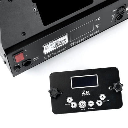 A close-up of the JEM Martin Martin/JEM ZR35 230V/50-60Hz fog machine’s back panel with ports, a red switch, labels, and a detachable black ZR Series control panel featuring a display, knobs, and white buttons.