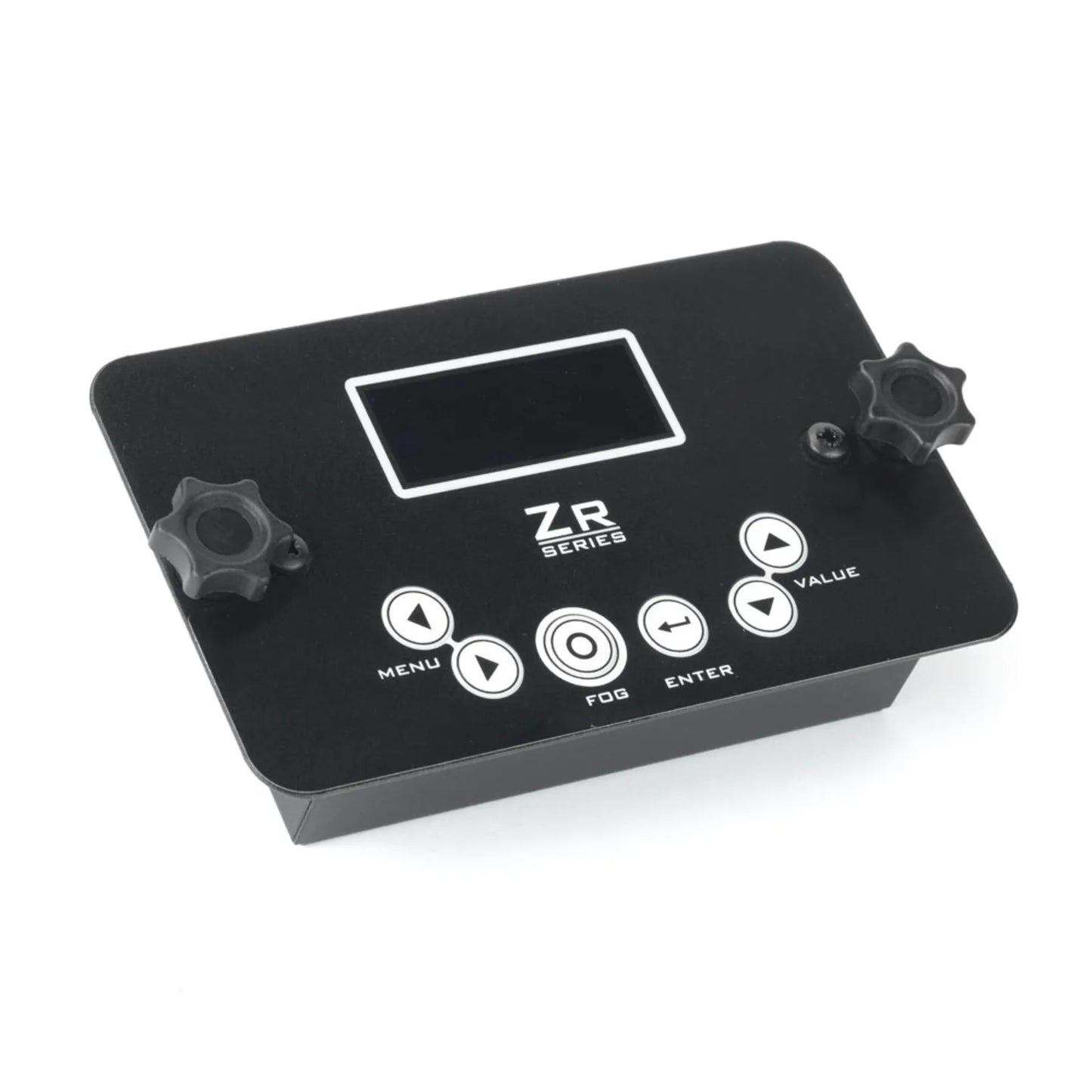A black JEM Martin electronic control panel for the Martin / JEM ZR35 230V/50-60Hz fog machine with digital display, two knobs, and labeled buttons: Menu, Fob, Enter, and arrow keys.
