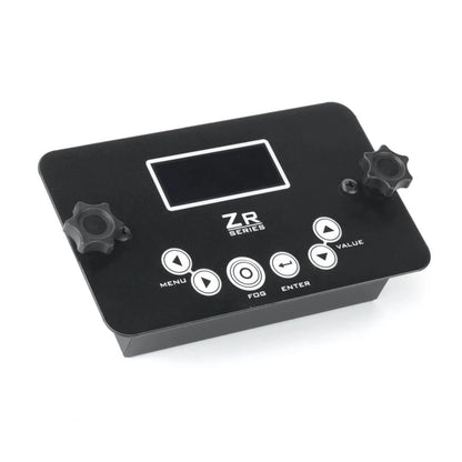 A black JEM Martin electronic control panel for the Martin / JEM ZR35 230V/50-60Hz fog machine with digital display, two knobs, and labeled buttons: Menu, Fob, Enter, and arrow keys.