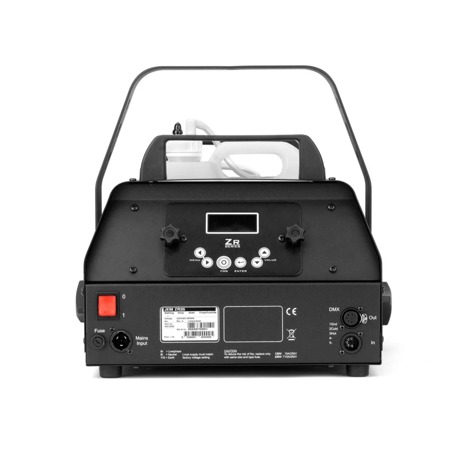 Rear view of the JEM Martin ZR35 230V/50-60Hz fog machine, displaying control buttons, input/output ports, fuse, spec label, display screen, and a white fluid tank with a handle—perfect for professional setups.