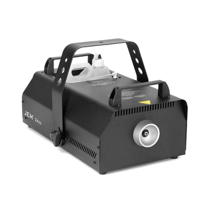 The JEM Martin ZR35 230V/50-60Hz (Fog) is a black mid-sized fog machine with a sturdy handle, vented sides, front nozzle, and clear top fluid tank, ideal for stage or event use.