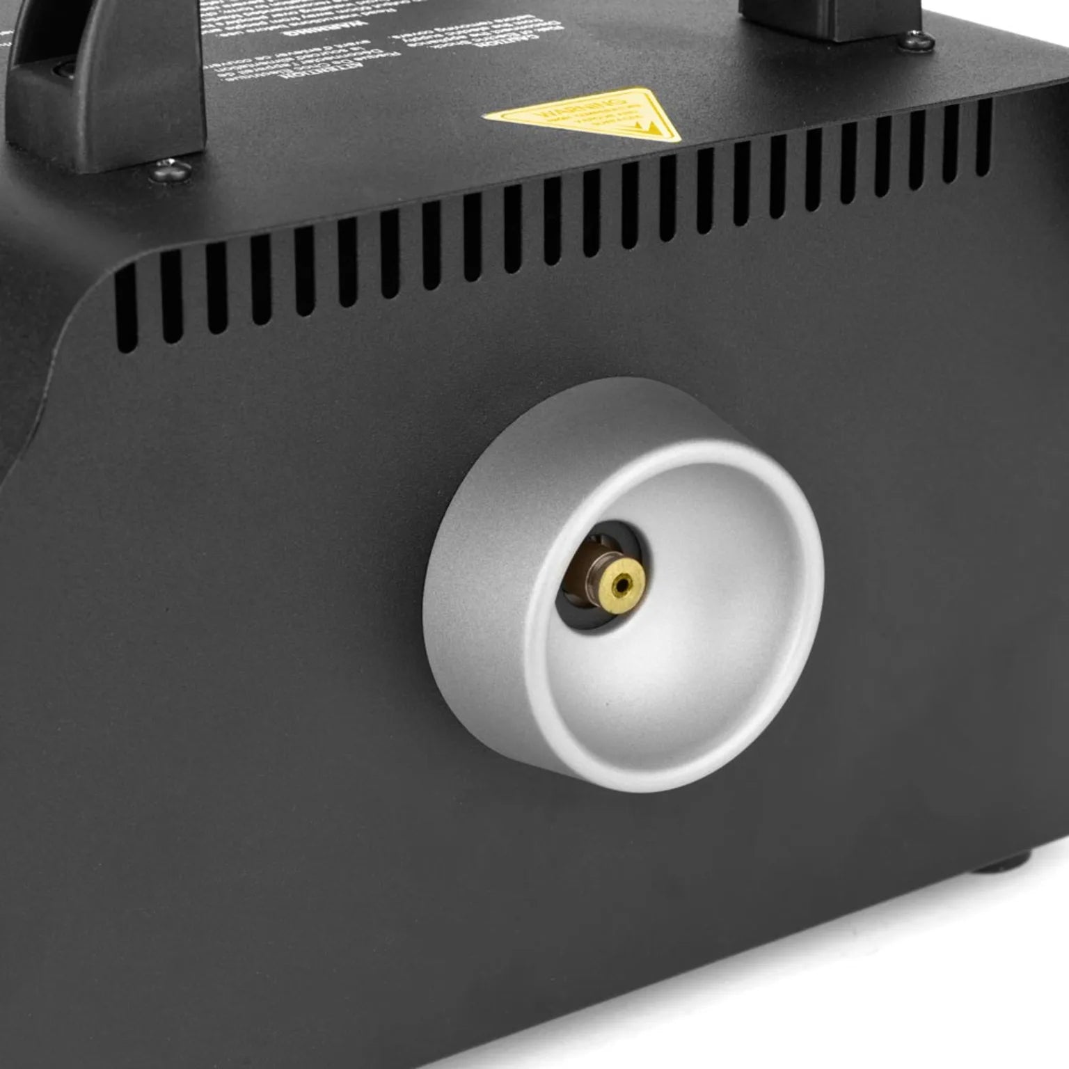 Close-up of the JEM Martin ZR35 230V/50-60Hz Fog Machine, showing a black body with vent slots, circular metallic port for attachments, and part of a warning label—built for reliable, high-performance fog effects.