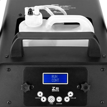 Close-up of the JEM Martin ZR35 230V/50-60Hz mid-sized fog machine, featuring a digital display with RUN CONT, control buttons, a handle, and a translucent fluid container with attached tube.