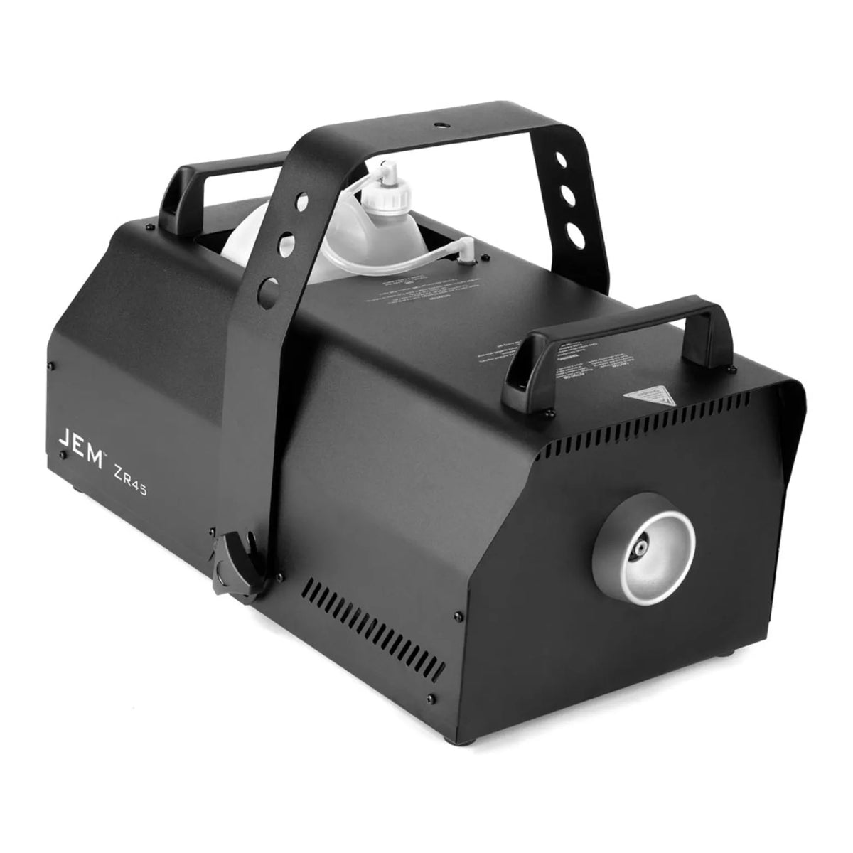 A JEM ZR45 230V/50-60Hz professional fog machine (92215360) in black, featuring two handles, a visible fluid tank, a front fog nozzle, and side control labels. Brand: JEM.