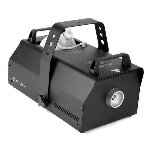 A Martin / JEM ZR45 230V/50-60Hz fog machine by JEM Martin, featuring a black finish, sturdy handle, visible fluid container, and vented sides, designed for stage or event use and shown on a white background.