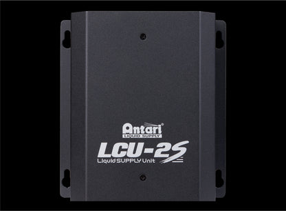 A black rectangular Antari LCU-2S Liquid Distribution System (60709) serves as a reliable fluid distributor, features side mounting holes, and is displayed against a black background.