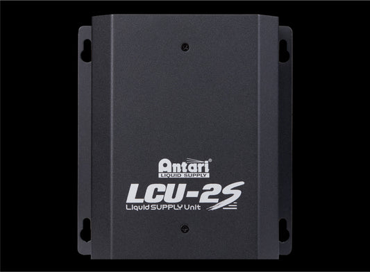 A black rectangular Antari LCU-2S Liquid Distribution System by Antari, featuring mounting holes on each side, shown against a black background.