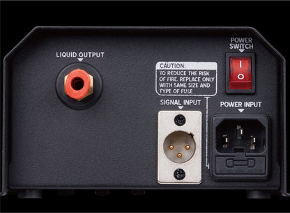 Close-up of the Antari LCU-2S Liquid Distribution System (60709) back panel, showing a red fluid output port, power switch, fuse warning label, XLR signal input, and power input socket.