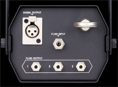 Close-up of the Antari LCU-2S Liquid Distribution System (60709) control panel, showing a signal output port, fluid input port, and three fluid output ports labeled 1-3. A metal handle is visible at the top right. Brand: Antari.