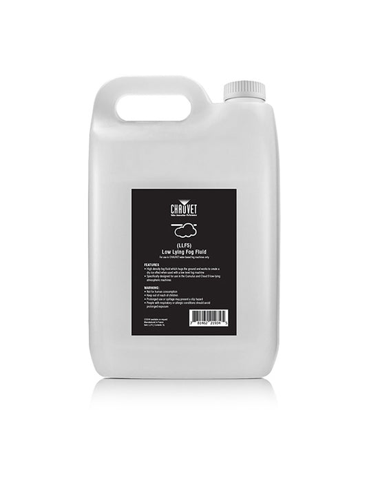 A large white plastic container with a handle and screw cap, labeled Chauvet - Low Level Fog Fluid (LLF5) by Chauvet, featuring product details and a barcode on the black label.