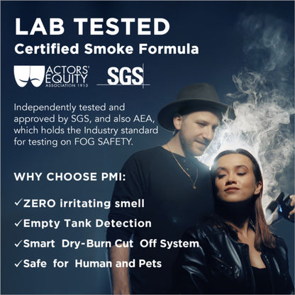 Two people stand in cinematic haze and smoke against a dark background. Text promotes PMI's SmokeNINJA Pro Hazer Kit—lab-tested, certified, odorless, safe for people and pets, with smart detection. Actors Equity and SGS logos are shown.