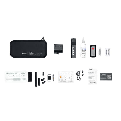 The PMI SmokeNINJA Pro Hazer Kit (Haze, Smoke & Low Fog) includes a vaporizer device, black zippered case, Bluetooth haze nozzle, mouthpieces, cleaning brush, bottle, remote, batteries, cables, and multiple accessories displayed on a white background.