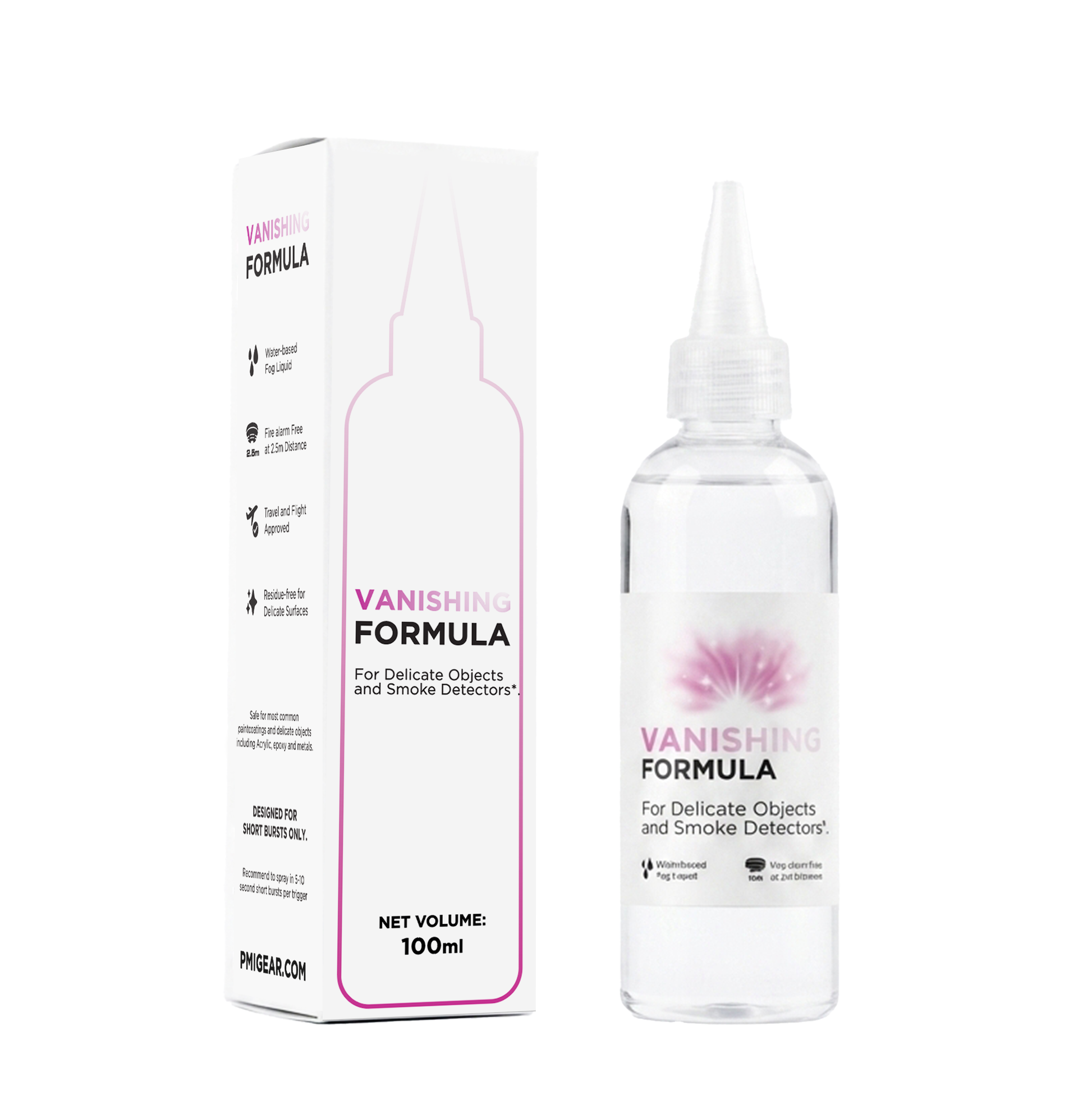 A clear plastic bottle of PMI SmokeNINJA PRO Vanishing Formula (100ml) with a pointed nozzle stands beside its white box. Both feature pink and black text, highlighting Residue Free Fog for delicate items and Smoke Detector Free usage.