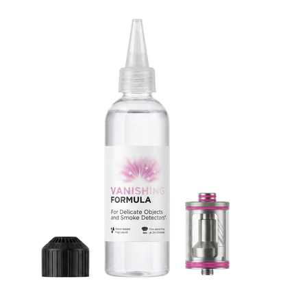 The PMI SmokeNINJA PRO Vanishing Kit Formula & Chamber features a clear plastic bottle with a pointed nozzle, a black cap, and a metal-glass device with pink accents—ideal for creating residue-free, smoke detector-safe fog.