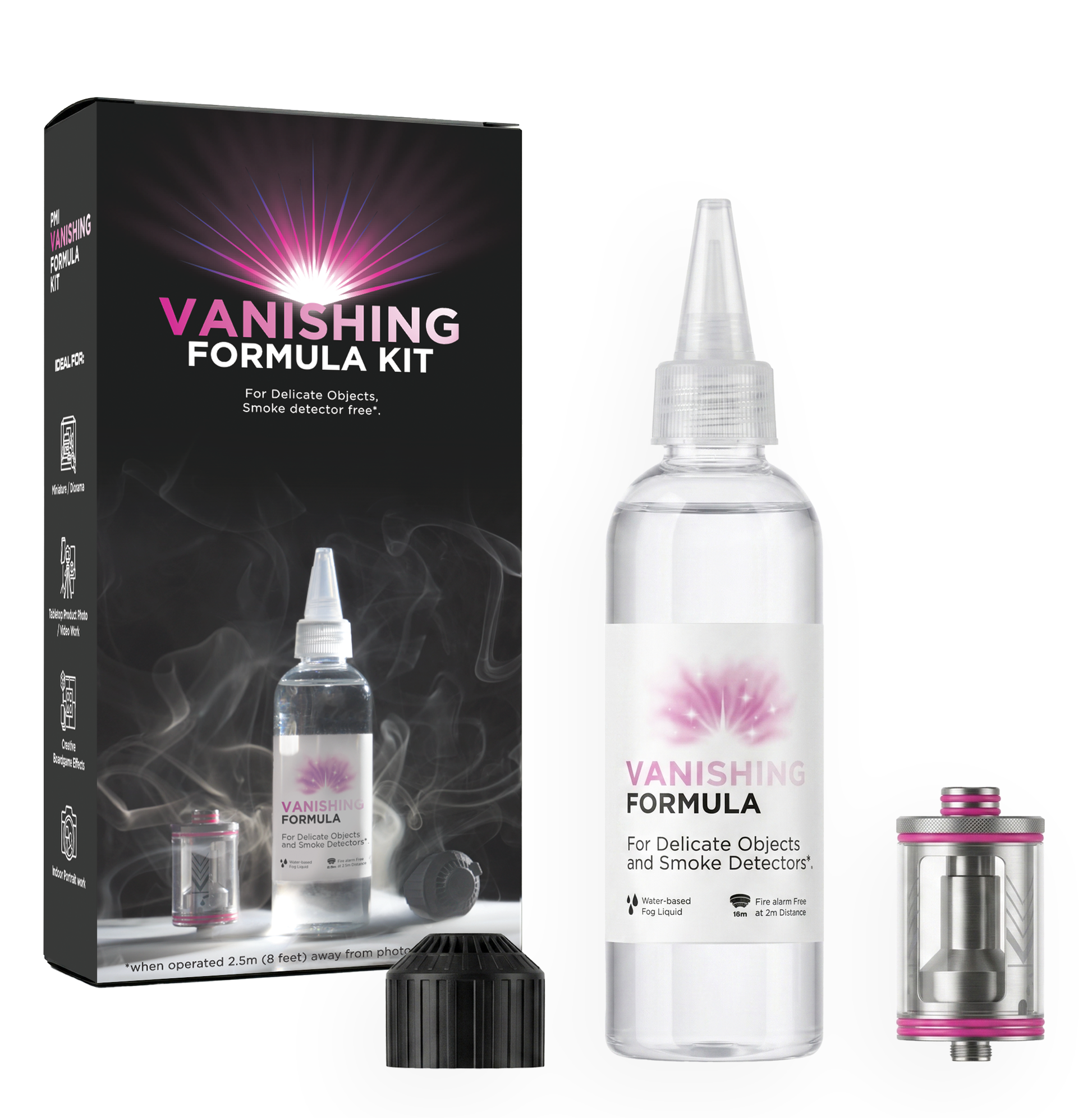 The PMI SmokeNINJA PRO Vanishing Kit Formula & Chamber includes a box, clear Vanishing Formula bottle, black cap, and pink-accented chamber—creating residue-free fog safe for delicate objects and environments without smoke detectors.