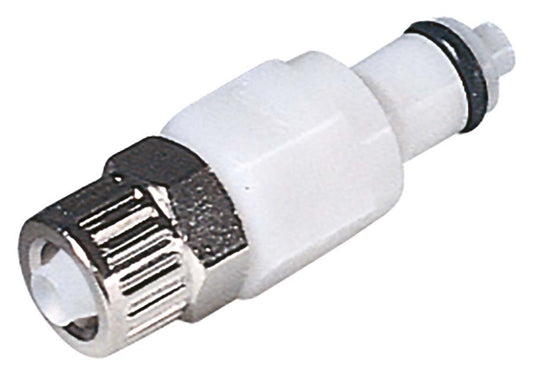 Close-up of the HazeTech 6mm and 4mm inline Connectors Valved (Quick Release), a white and silver pneumatic push-to-connect fitting with threaded metal end and O-ring, ideal for air or fluid uses such as smoke machine fittings.