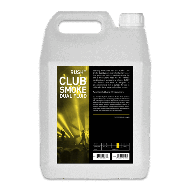 A white plastic container labeled JEM Martin RUSH Club Smoke Dual Fluid features a black and yellow label with stage lights and fog, displaying product details for premium fog and haze fluid by JEM used in atmospheric effects.