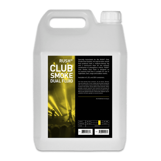 A white plastic container with a handle, labeled JEM Martin RUSH Club Smoke Dual Fluid. The label shows yellow and black graphics of dancers in stage lights, displaying bold white product info.