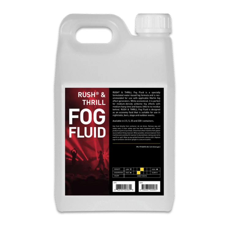A white plastic jug labeled JEM RUSH and THRILL ELX Fog Fluid (97120073-1) features a handle, screw cap, red and black label with stage lights, and contains a water-based formula for medium-density fog. Brand: JEM.