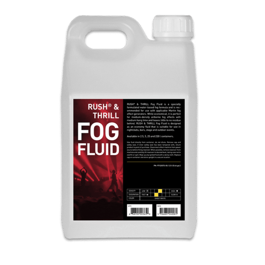 A plastic container labeled JEM RUSH and THRILL ELX Fog Fluid by JEM Martin, with a red and black label, handle, and white cap, contains water-based fog fluid for use in Martin or other stage fog machines.