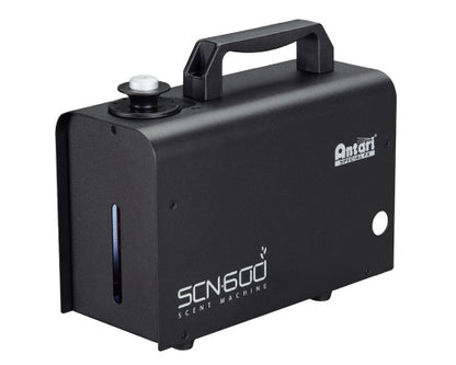 The Antari SCN-600 Scent Machine, in sleek black and featuring a convenient top handle, front control knob, DMX-512 compatibility, a small viewing window on the front, and the Antari logo displayed on the side, is perfect for creating immersive experiences in 4D theaters.