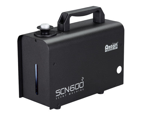 The Antari SCN-600 Scent Machine, in sleek black and featuring a convenient top handle, front control knob, DMX-512 compatibility, a small viewing window on the front, and the Antari logo displayed on the side, is perfect for creating immersive experiences in 4D theaters.
