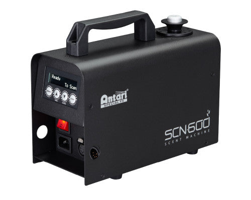 The Antari SCN-600 Scent Machine by Antari is a black device equipped with a handle on top, front-facing control panel, switches, and input ports, designed for dispersing fragrances in indoor spaces. It features DMX-512 compatibility for seamless integration into 4D theaters and other immersive environments.