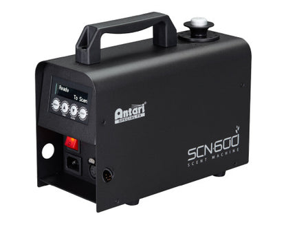 The Antari SCN-600 Scent Machine by Antari is a black device equipped with a handle on top, front-facing control panel, switches, and input ports, designed for dispersing fragrances in indoor spaces. It features DMX-512 compatibility for seamless integration into 4D theaters and other immersive environments.