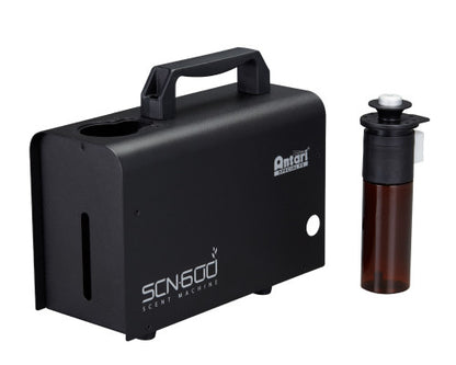 A black Antari SCN-600 Scent Machine by Antari, equipped with a handle and DMX-512 compatibility for effortless integration in venues such as 4D theaters, is displayed beside a brown refill bottle with a white cap.