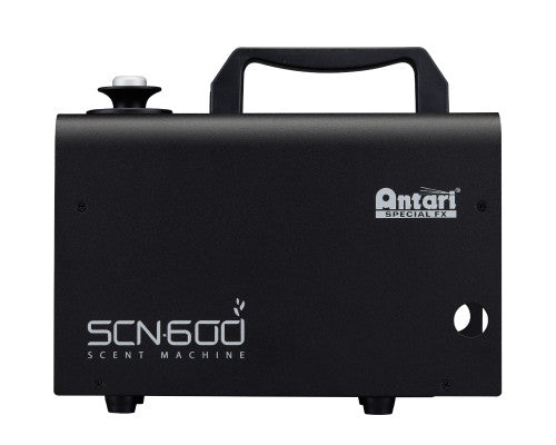 A black Antari Antari SCN-600 Scent Machine by Antari, equipped with DMX-512 compatibility, features a top handle, left-side nozzle, and branded logo and text on the front—all set against a white background. Perfect for 4D theaters and immersive environments.
