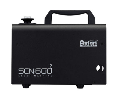 A black Antari Antari SCN-600 Scent Machine by Antari, equipped with DMX-512 compatibility, features a top handle, left-side nozzle, and branded logo and text on the front—all set against a white background. Perfect for 4D theaters and immersive environments.