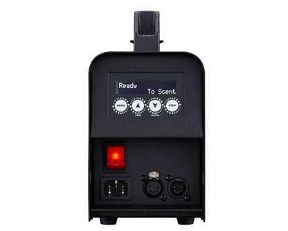 The Antari SCN-600 Scent Machine by Antari is a black electronic scent diffuser equipped with DMX-512 compatibility, a digital display reading “Ready To Scent,” control buttons, a red power switch, and multiple port connections on the front panel—perfect for immersive environments like 4D theaters.