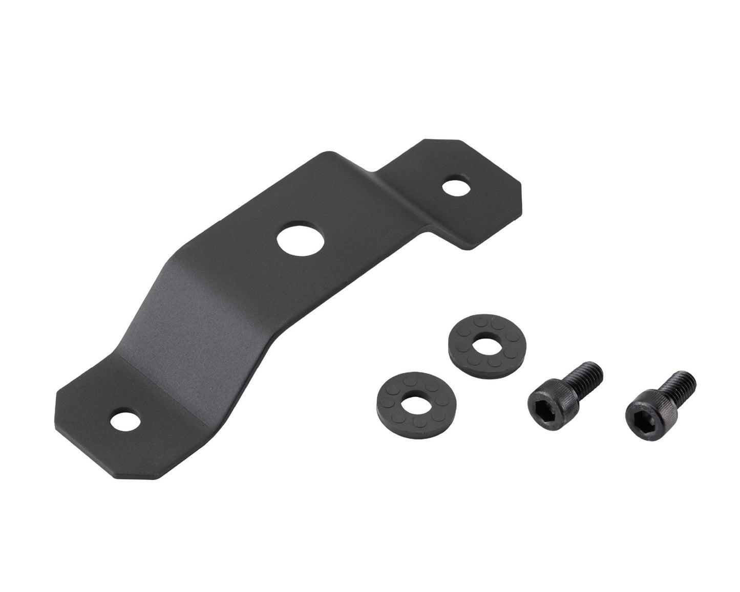 A black metal mounting bracket accompanied by two round washers and two screws is shown on a white background—perfect for securely installing equipment like the Antari Antari SCN-600 Scent Machine, a popular choice in 4D theater environments.