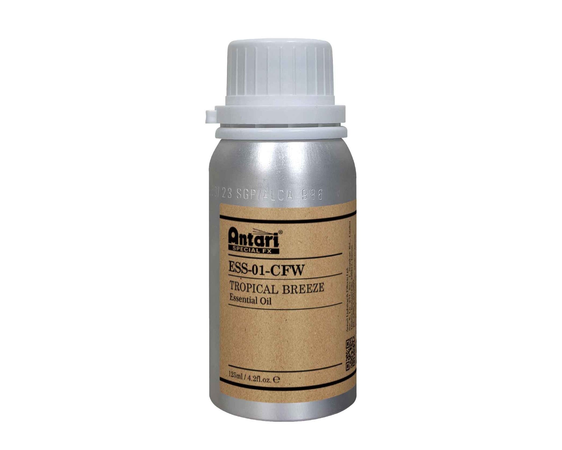 A silver bottle with a brown label displays the Antari ESS-01-CFW TROPICAL BREEZE essential oil, 135ml (4.41 fl. oz.). It is topped with a gray, ribbed cap for easy opening. This refreshing blend combines subtle citrus notes with the calming essence of Hinoki Cypress, capturing the tranquil aroma of cypress woods.