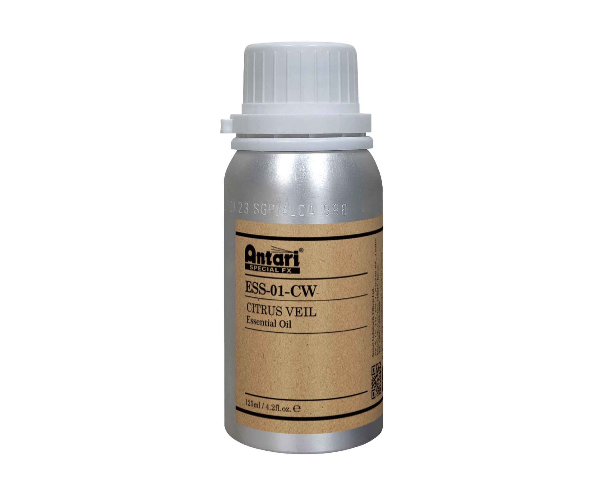 A silver bottle labeled Antari ESS-01-CW CITRUS VEIL 125ML, featuring a white cap and a brown paper label, contains 125 mL (4.2 fl. oz) of product and offers an uplifting citrus fragrance with subtle notes of Pink Grapefruit.