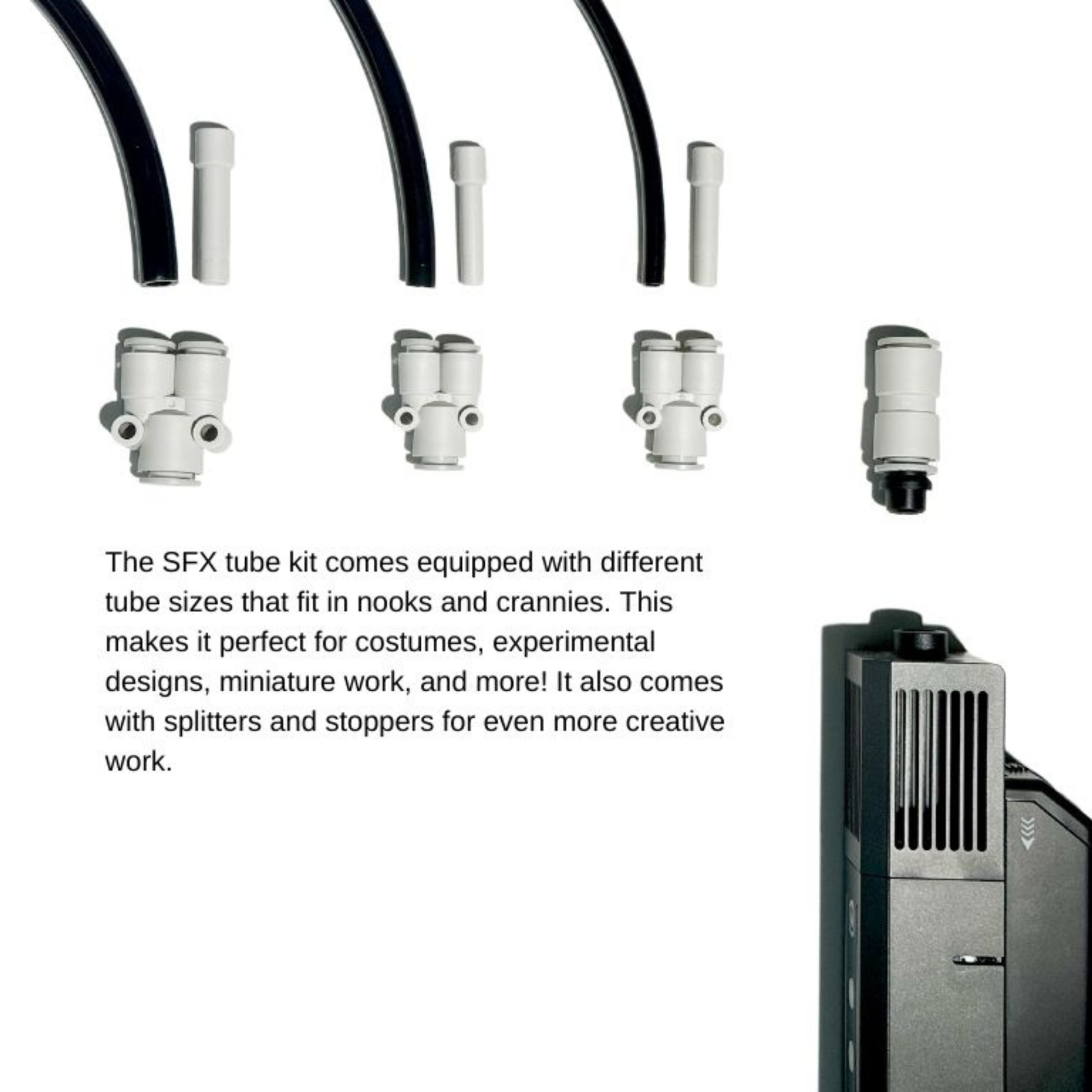 The PMI SmokeNINJA Special Effect Tubing Kit (PMI_AC_SMCKT) offers various tube sizes, connectors, splitters, and stoppers—perfect for costumes, creative projects, and design applications needing versatile special effects.
