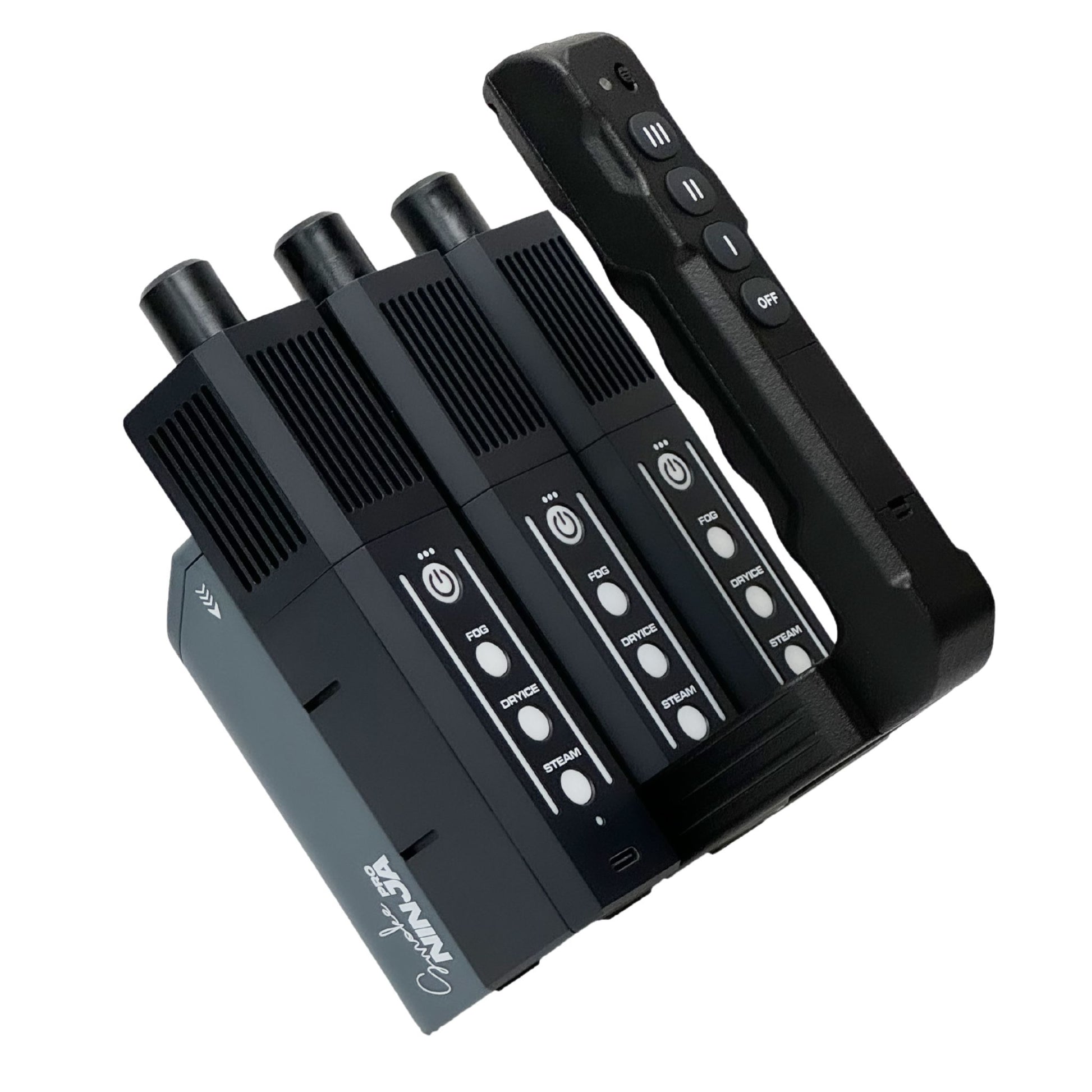 The PMI SmokeNINJA Pro Trident Kit is a black handheld device with three vertical tubes, each with control buttons and indicator lights—ideal for cinematic haze. The handle includes extra controls, a switch, and a signature-style logo on the side.