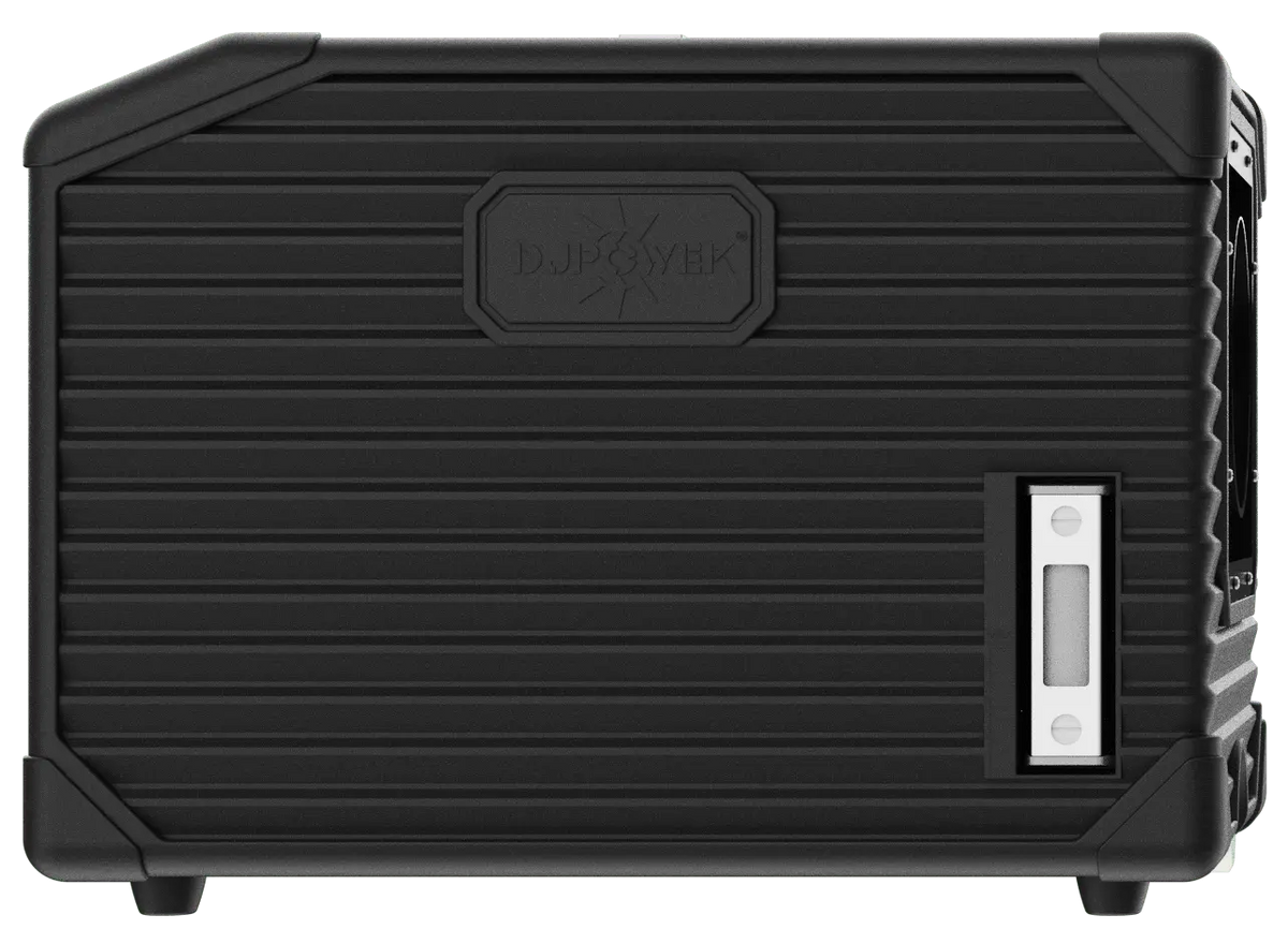A black, rectangular DJ Power MINI AQUA LOW FOG MACHINE with a ribbed texture, featuring the DJ Power logo on one side and a small clear window with a white button near the bottom right corner—designed with the sleek aesthetics of a portable fog machine.