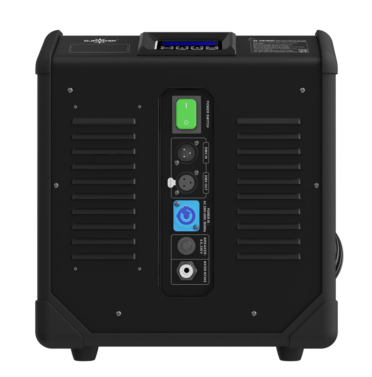The DJ Power MINI AQUA LOW FOG MACHINE by DJ Power is a black portable fog machine featuring cooling vents, multiple input and output ports, clearly labeled buttons, and a digital display screen on the top panel. It utilizes advanced ultrasonic technology for efficient low fog production.