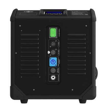 The DJ Power MINI AQUA LOW FOG MACHINE by DJ Power is a black portable fog machine featuring cooling vents, multiple input and output ports, clearly labeled buttons, and a digital display screen on the top panel. It utilizes advanced ultrasonic technology for efficient low fog production.