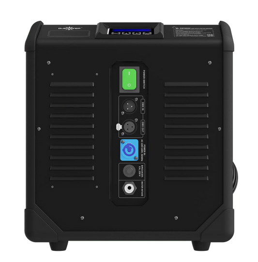 The DJ Power MINI AQUA LOW FOG MACHINE by DJ Power is a black portable fog machine featuring cooling vents, multiple input and output ports, clearly labeled buttons, and a digital display screen on the top panel. It utilizes advanced ultrasonic technology for efficient low fog production.