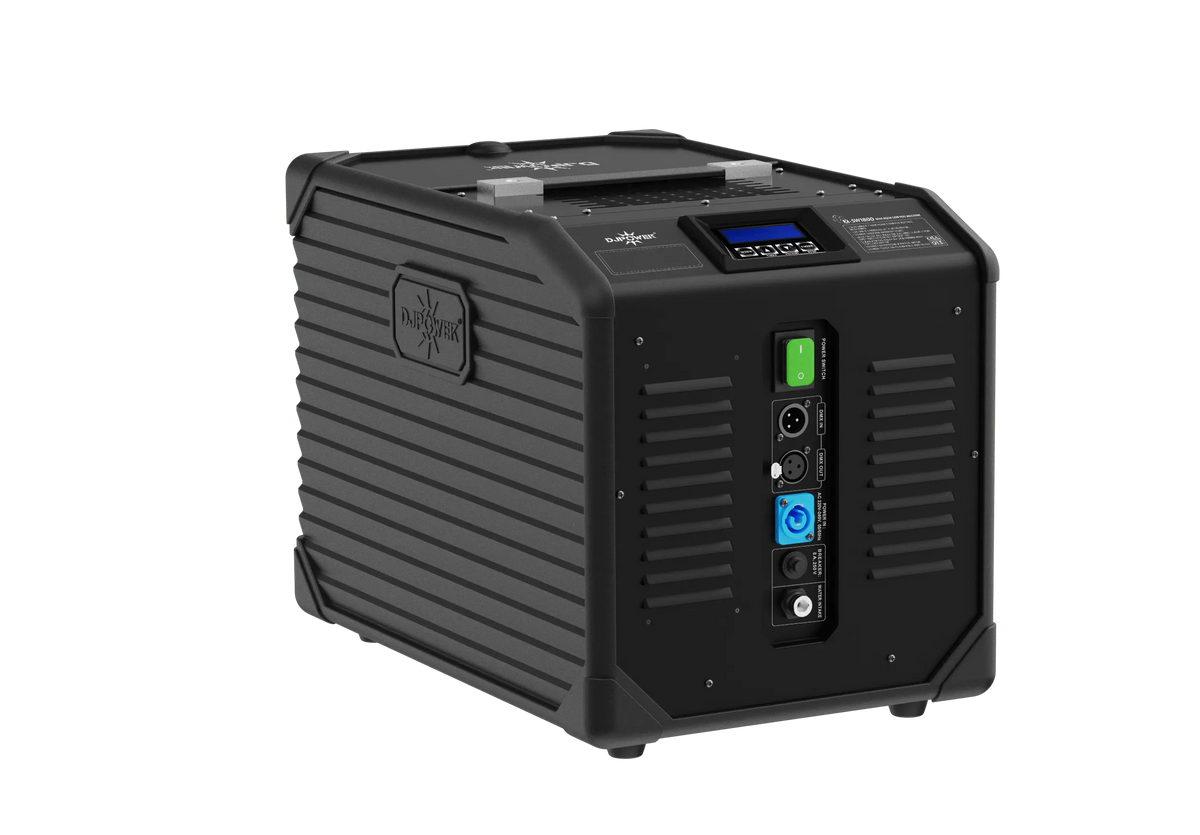 Here’s a rewritten sentence using your product data: The DJ Power MINI AQUA LOW FOG MACHINE by DJ Power features a portable black battery power station with grooved sides, a top handle, and a digital display on the front panel equipped with multiple ports—including USB, AC, and other connectors—making it an ideal companion for ultrasonic technology low fog machines.