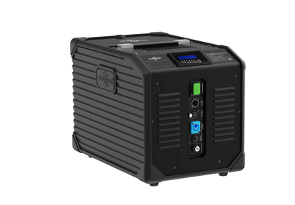 Here’s a rewritten sentence using your product data: The DJ Power MINI AQUA LOW FOG MACHINE by DJ Power features a portable black battery power station with grooved sides, a top handle, and a digital display on the front panel equipped with multiple ports—including USB, AC, and other connectors—making it an ideal companion for ultrasonic technology low fog machines.