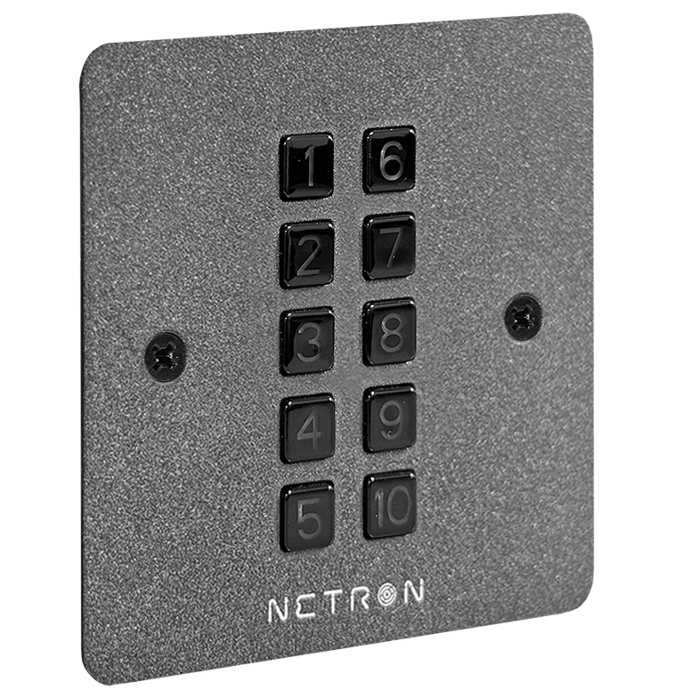 A gray wall-mounted keypad, the Obsidian NETRON BS10-EU by Obsidian Control Systems, features ten black buttons numbered 1 to 10 and two screws. The word NETRON is printed at the bottom.