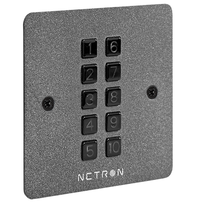 A gray wall-mounted keypad, the Obsidian NETRON BS10-EU by Obsidian Control Systems, features ten black buttons numbered 1 to 10 and two screws. The word NETRON is printed at the bottom.