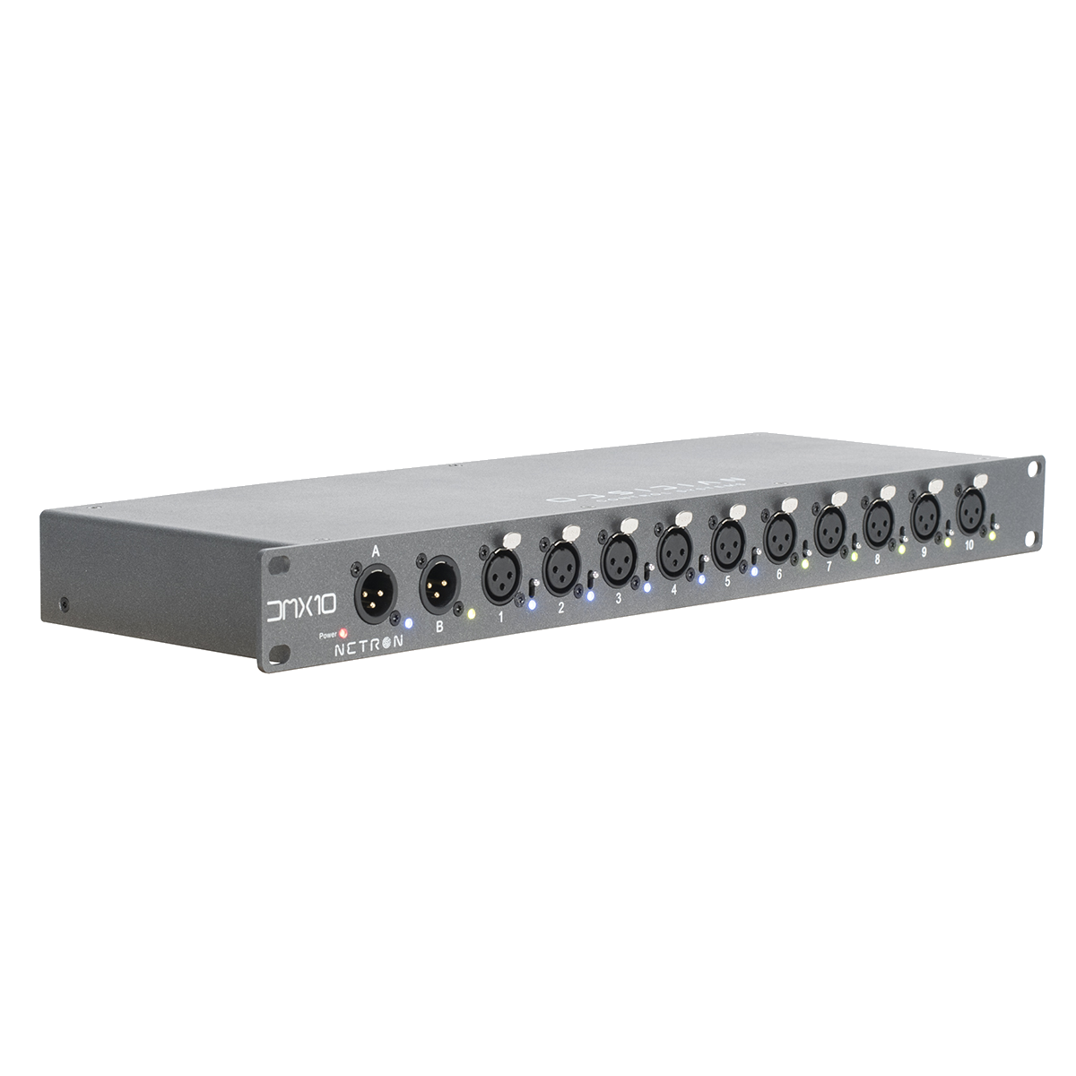 A black rackmount DMX splitter, the Obsidian NETRON DMX 10-3 by Obsidian Control Systems, featuring ten 3-pin XLR ports and one power switch on the front panel, is shown against a plain white background.