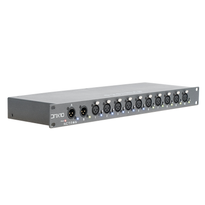 A black rackmount DMX splitter, the Obsidian NETRON DMX 10-3 by Obsidian Control Systems, featuring ten 3-pin XLR ports and one power switch on the front panel, is shown against a plain white background.